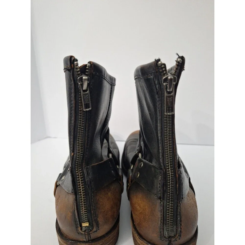 Vtg Frye Antiqued Black Leather Motorcycle Harness Boot Ankle Zip Up Mens 13 D